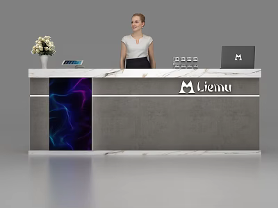 Modern Reception Desk With Gray Surface Marble Countertop Flower Vase Tablet Laptop And Liemu Logo 3d model
