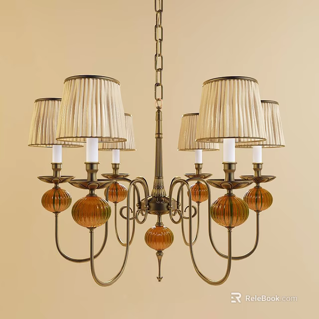 Vintage Chandelier With Beige Pleated Fabric Shades And Orange Glass Balls 3d model 