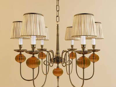 Vintage Chandelier With Beige Pleated Fabric Shades And Orange Glass Balls 3d model