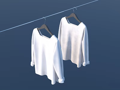White Long Sleeve Tops Hanging On Clothesline With Deep Blue Background 3d model