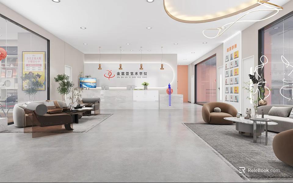 Modern Hotel Lobby Interior Featuring Reception Desk Sofa Green Plants And Chandelier 3d model 