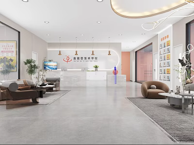 Modern Hotel Lobby Interior Featuring Reception Desk Sofa Green Plants And Chandelier 3d model