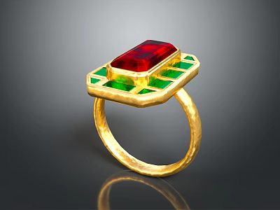 Gold Ring With Central Red Gemstone And Surrounding Green Stones In Geometric Design 3d model
