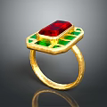 Gold Ring With Central Red Gemstone And Surrounding Green Stones In Geometric Design