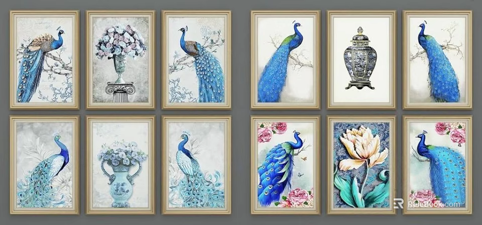 Colorful Peacock Animal Paintings With Vases And Flowers Framed Wall Art 3d model 