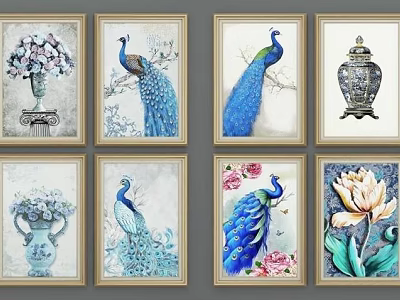Colorful Peacock Animal Paintings With Vases And Flowers Framed Wall Art 3d model