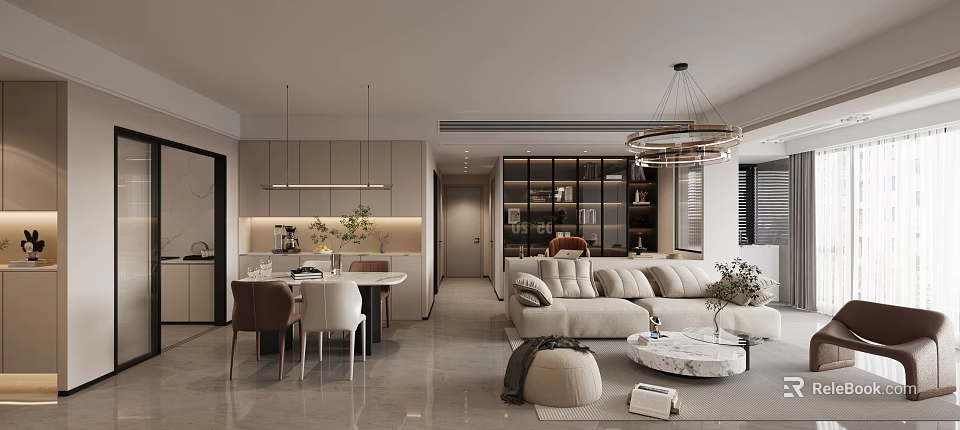 Modern Dining and Living Room With Sofa Dining Table Pendant Light and Storage Cabinets 3d model 