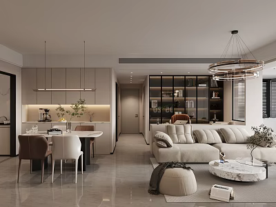 Modern Dining and Living Room With Sofa Dining Table Pendant Light and Storage Cabinets 3d model
