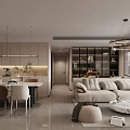 Modern Dining and Living Room With Sofa Dining Table Pendant Light and Storage Cabinets