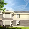 Two Story Detached House Exterior With Brick Siding Large Windows Chimney And Trees