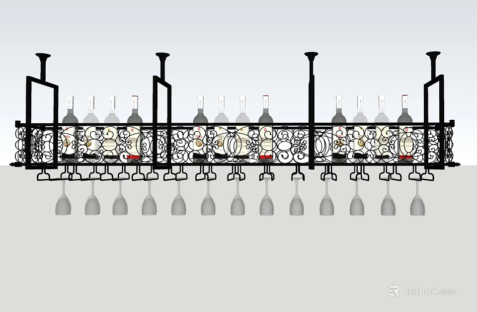 Elegant Wine Cabinet With Hanging Glasses And Bottles In Decorative Design 3d model 