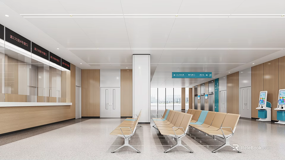 Spacious Hospital Waiting Area Interior With Comfortable Chairs And Reception Desk 3d model 