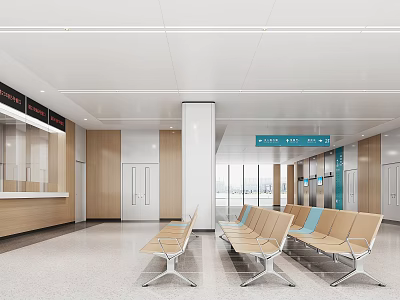 Spacious Hospital Waiting Area Interior With Comfortable Chairs And Reception Desk 3d model