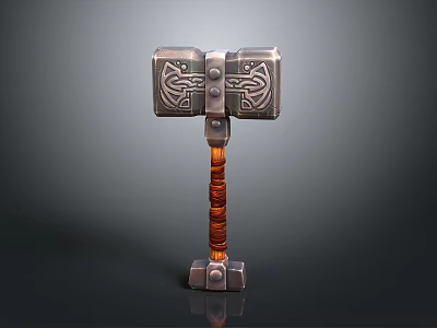 Decorative Warhammer Weapon With Carved Patterns On Metallic Head And Brown Wrapped Handle 3d model