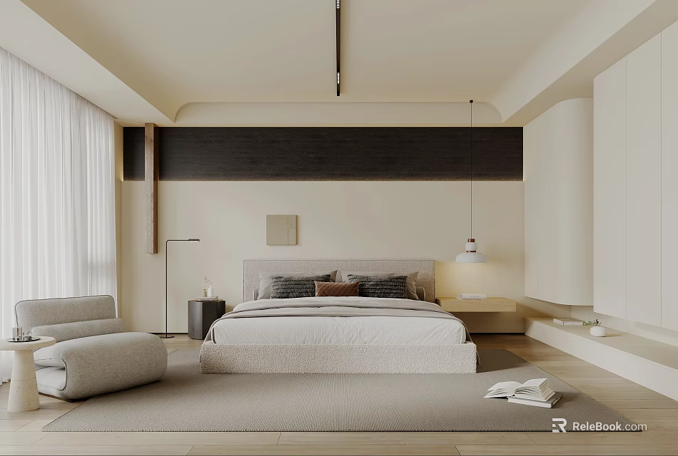 Minimalist Modern Bedroom Interior Design With Wooden Accent Wall Large Bed Sofa And Rug 3d model 