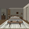 Modern Minimalist Bedroom Interior With Wooden Bedside Tables Pendant Lamp Area Rug And Decorative Painting