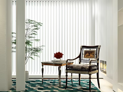 Accent Chair With Side Table Red Flowers Plant And Teal Geometric Rug Near Venetian Blinds 3d model