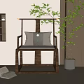 Elegant Wooden Single Chair With Soft Cushions In Minimalist Interior Space And Green Plant Decor