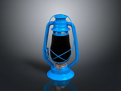 Blue Kerosene Lamp With Metal Frame Black Glass Shade And Reflective Base 3d model