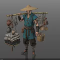 Man Wearing Straw Hat Carrying Pole With Pottery Jars Towels And Baskets