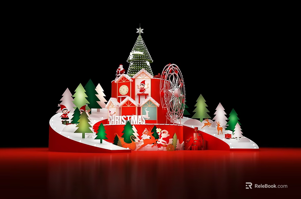 Festive Christmas Art Installation With Red House Christmas Tree Ferris Wheel And Small Trees 3d model 
