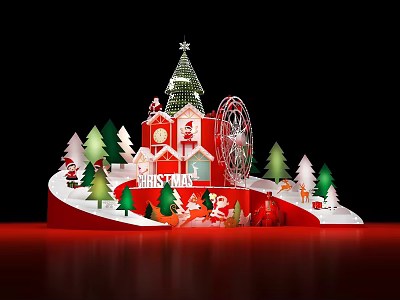Festive Christmas Art Installation With Red House Christmas Tree Ferris Wheel And Small Trees 3d model