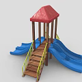 Playground Equipment With Red Roof Wooden Structure Blue Double Slides And Yellow Railings