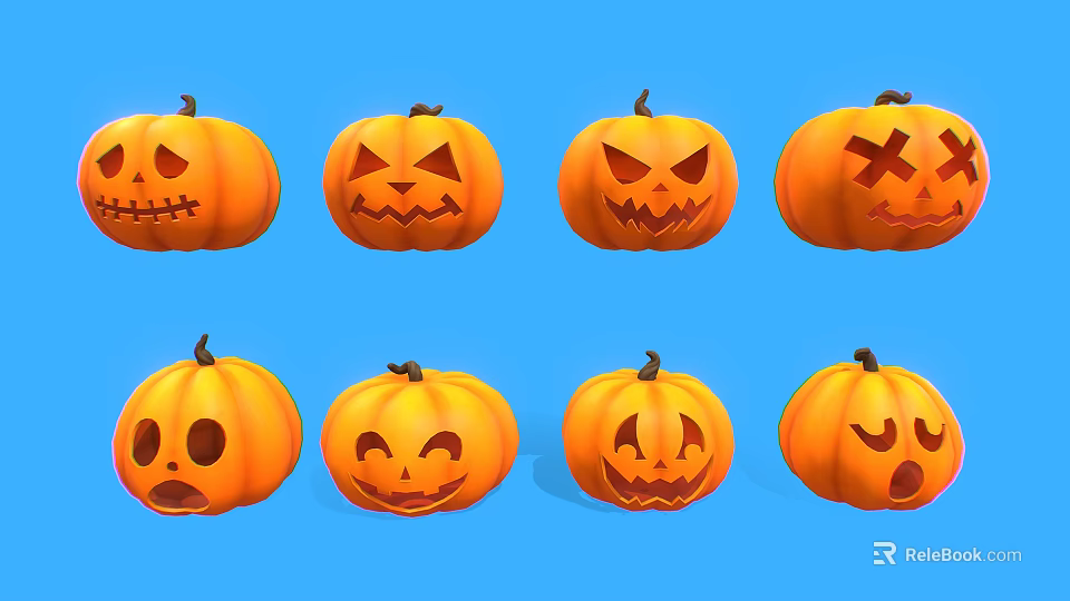 Halloween Festive Pumpkins With Various Creative Facial Expressions On Blue Background 3d model 
