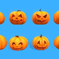 Halloween Festive Pumpkins With Various Creative Facial Expressions On Blue Background