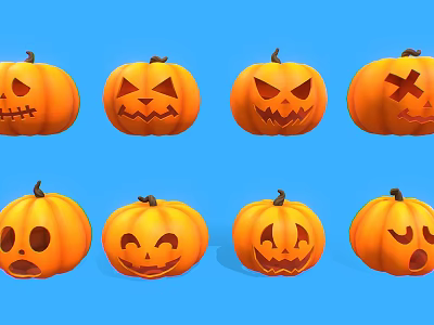 Halloween Festive Pumpkins With Various Creative Facial Expressions On Blue Background 3d model