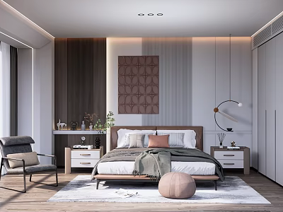 Modern Bedroom Interior Design With Bed Decorative Painting Pendant Light And Nightstand 3d model