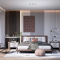 Modern Bedroom Interior Design With Bed Decorative Painting Pendant Light And Nightstand