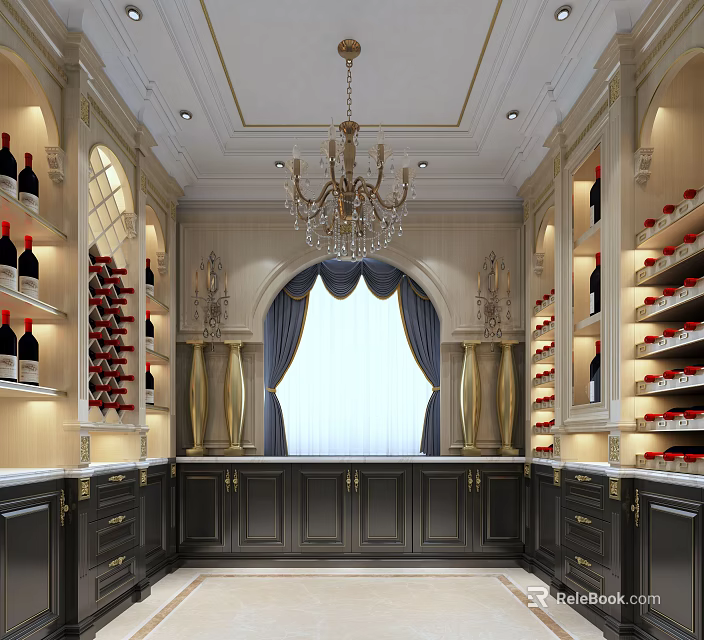 Luxurious Classic Wine Cellar Interior With Chandelier Arched Window Wine Racks And Dark Cabinets 3d model 