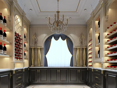 Luxurious Classic Wine Cellar Interior With Chandelier Arched Window Wine Racks And Dark Cabinets 3d model