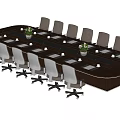 Modern Rectangular Conference Table With Gray Rolling Chairs Notebooks And Flower Vases 3d model