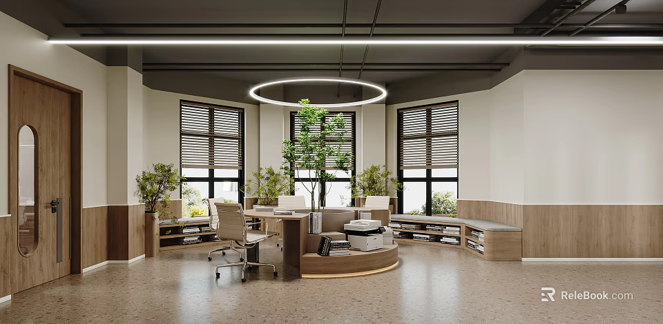 Open Office Interior with Circular Desk Green Plants Large Windows Gray Flooring and Wooden Elements 3d model 
