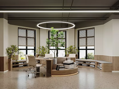 Open Office Interior with Circular Desk Green Plants Large Windows Gray Flooring and Wooden Elements 3d model
