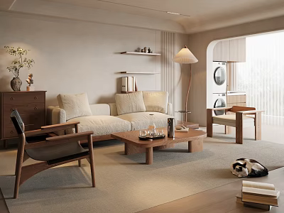 Soft Fabric Sofa And Solid Wood Coffee Table Set For Warm Comfortable Minimalist Living Space 3d model
