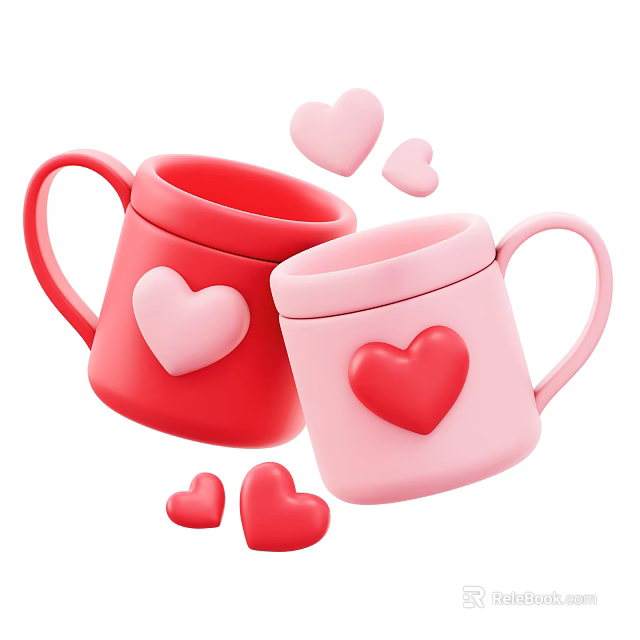 Decorative Ornament Set With Heart Shaped Red And Pink Pieces And Small Hearts 3d model 