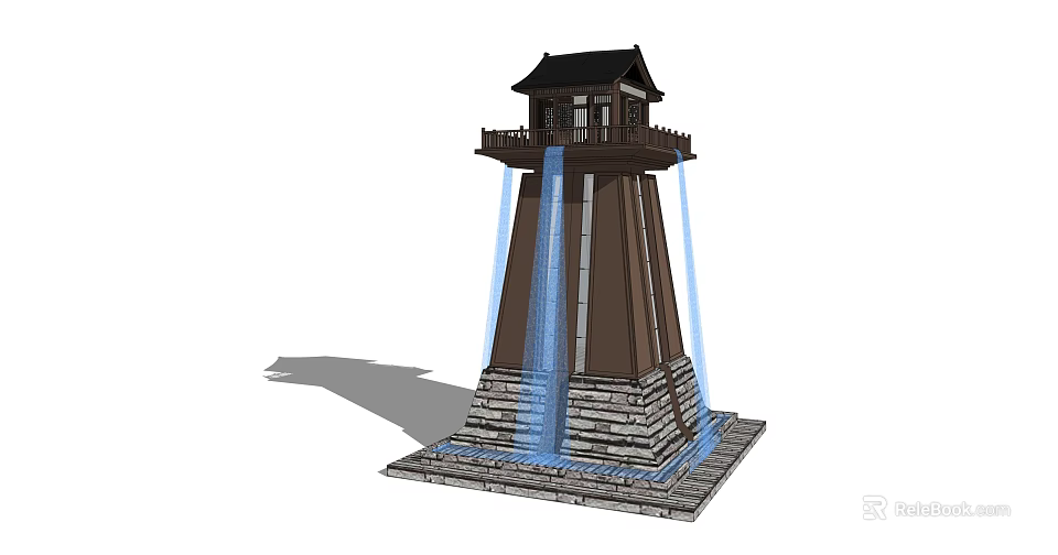 Roadside Wooden Tower Structure With Black Roof And Waterfall Decorative Stone Base 3d model 