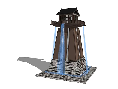 Roadside Wooden Tower Structure With Black Roof And Waterfall Decorative Stone Base 3d model