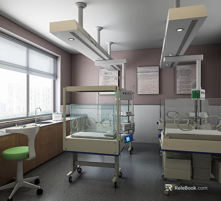 Neonatal Care Unit With Incubator Bassinet Medical Equipment And Wooden Cabinets 3d model 