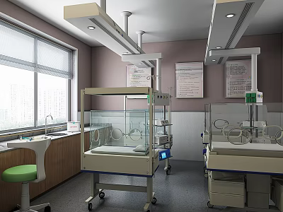 Neonatal Care Unit With Incubator Bassinet Medical Equipment And Wooden Cabinets 3d model