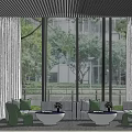 Modern Living Room With Gray Sofa Green Chairs Large Windows And Trees Outside