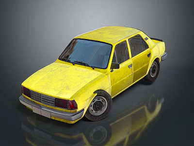 Old Yellow Sedan With Worn Paint And Reflection On Glossy Surface 3d model