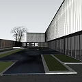 Modern Sales Office Building With Glass Curtain Wall Black White Facade And Greenery