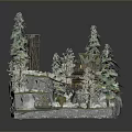 Scenic Landscape Featuring Wooden Cabin Bridge Waterfall And Pine Trees On Rocky Terrain