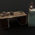 Vintage Wooden Office Desk With Matching Drawer Cabinet Stacked Books And Classic Lantern