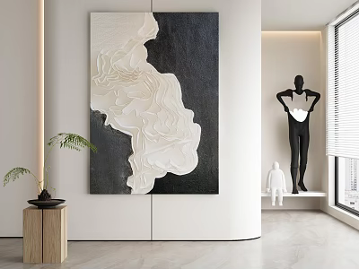 Modern Interior Featuring Large Black White Abstract Painting Black Sculpture White Figurine And Plant 3d model