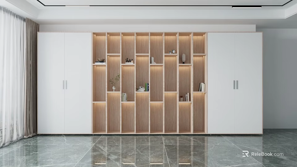 Modern Bookcase With Wooden Shelves LED Lighting And White Cabinets In Elegant Interior 3d model 